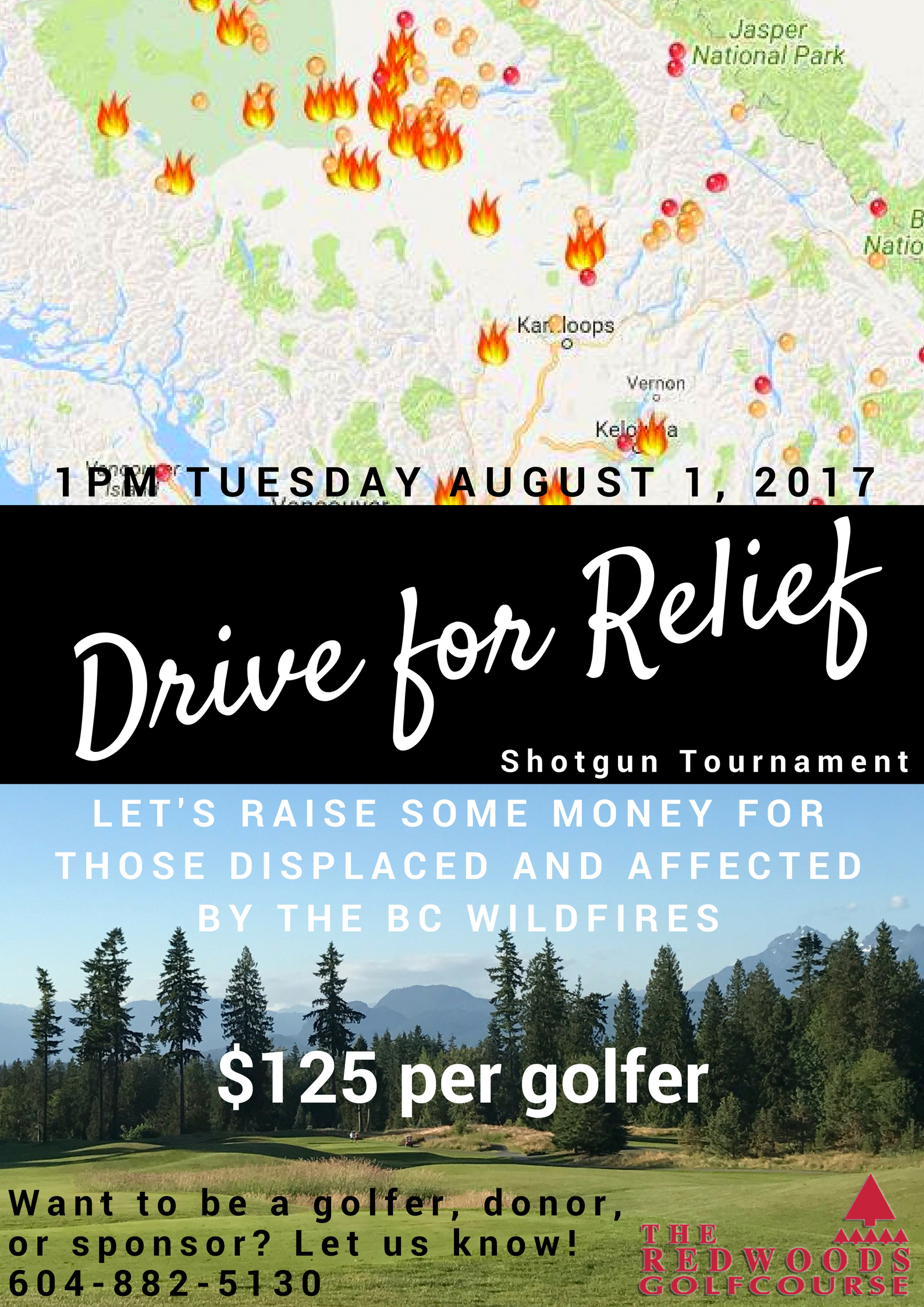 Drive for Relief poster at Redwoods golf course 