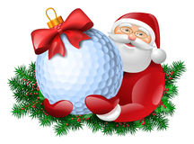 santa golf ball claus holding gift red bow evergreen around illustration 